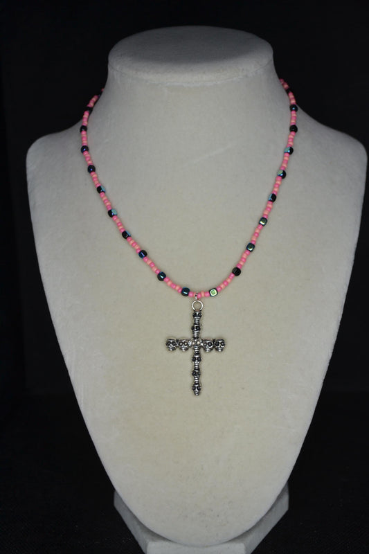 Silver Skull Cross pendant glass bead necklace. Coral, pink, and metallic black