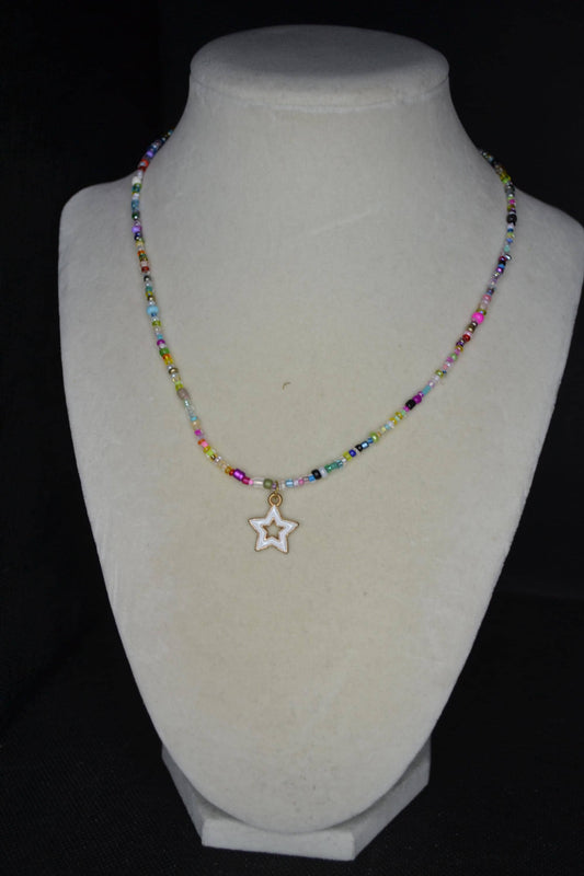 White star pendant glass bead necklace. Rainbow
