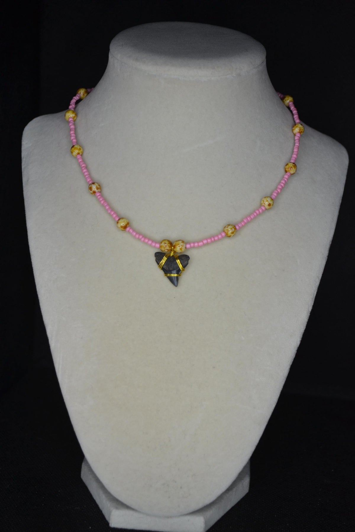 Wire wrapped sharks tooth beaded choker. Pink and Picasso