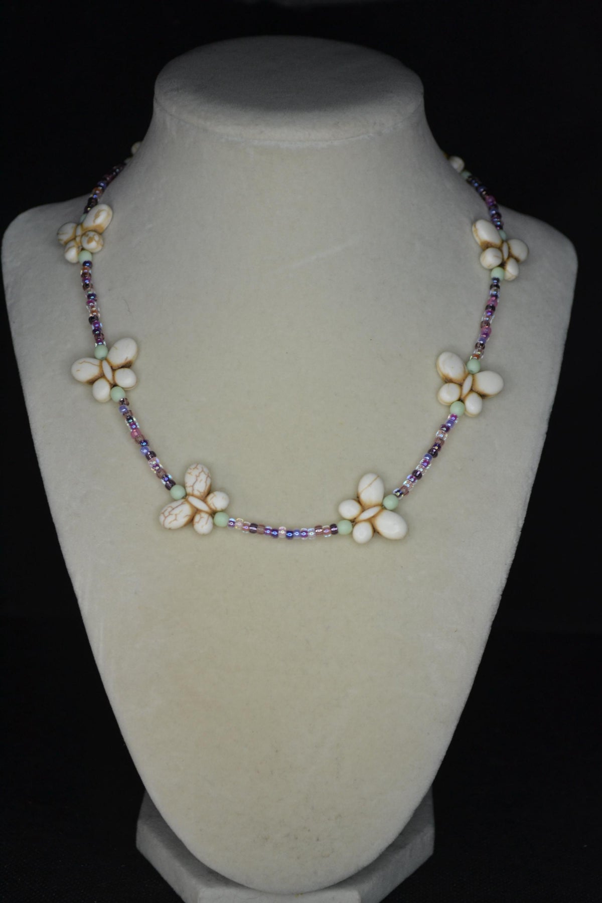 Beaded Butterfly Choker. Purples, white, pinks, and mint.