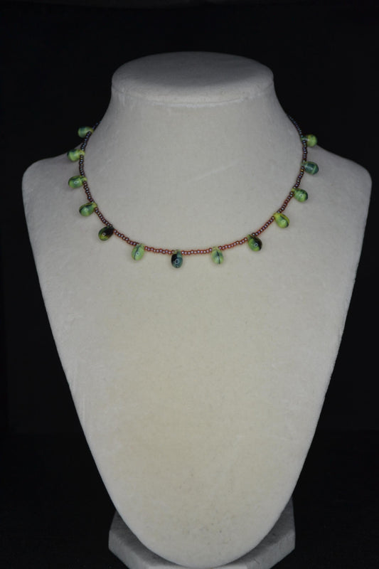 Multicolor glass bead choker. Tie die green drops and amethyst