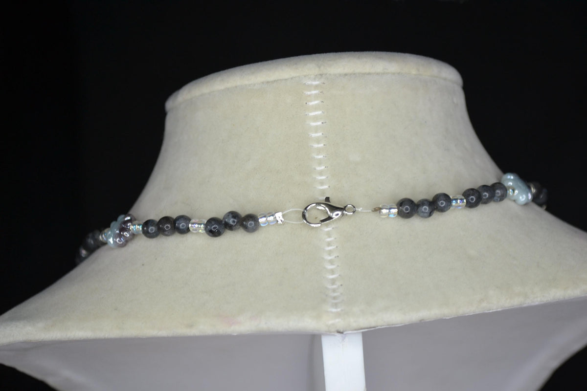 Multicolor glass bead necklace. Cornflowers, black agate, and crystal