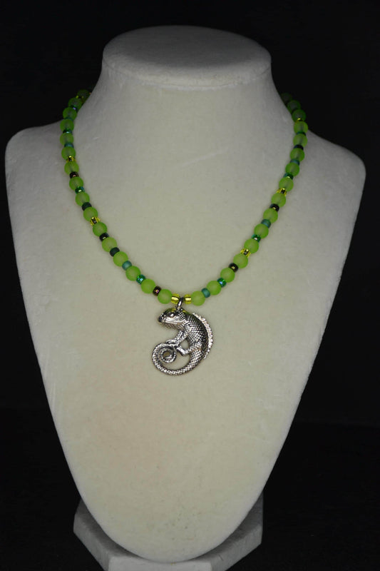 Silver Chameleon pendant glass bead necklace. Greens