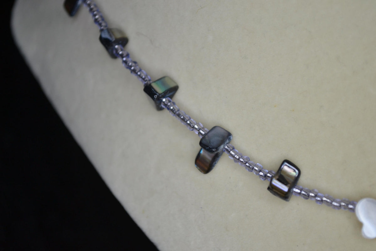 Multicolor glass bead necklace. Abalone, blue and mother of pearl butterfly