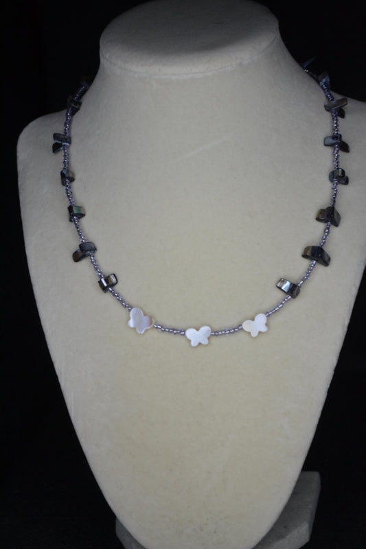 Multicolor glass bead necklace. Abalone, blue and mother of pearl butterfly