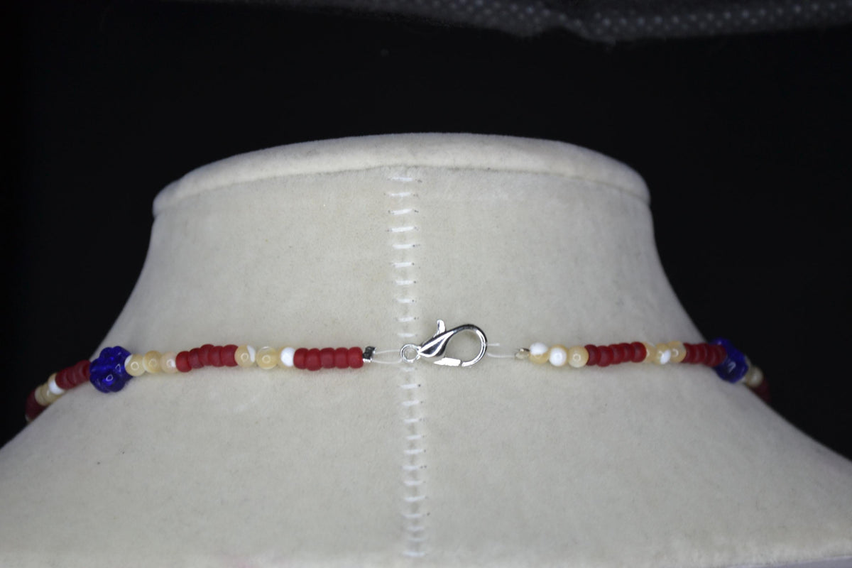 Multicolor glass bead necklace. Cobalt flowers, mother of pearl, and burgundy