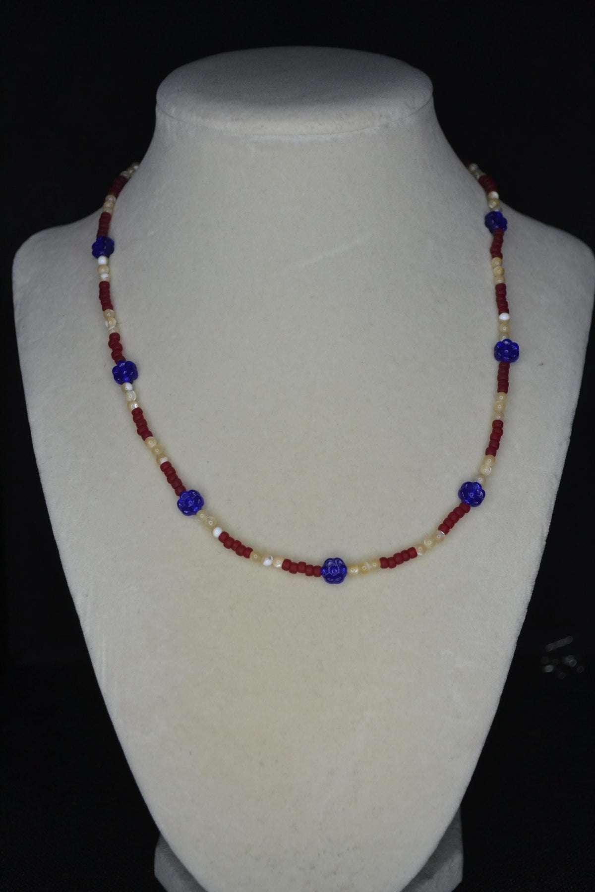 Multicolor glass bead necklace. Cobalt flowers, mother of pearl, and burgundy