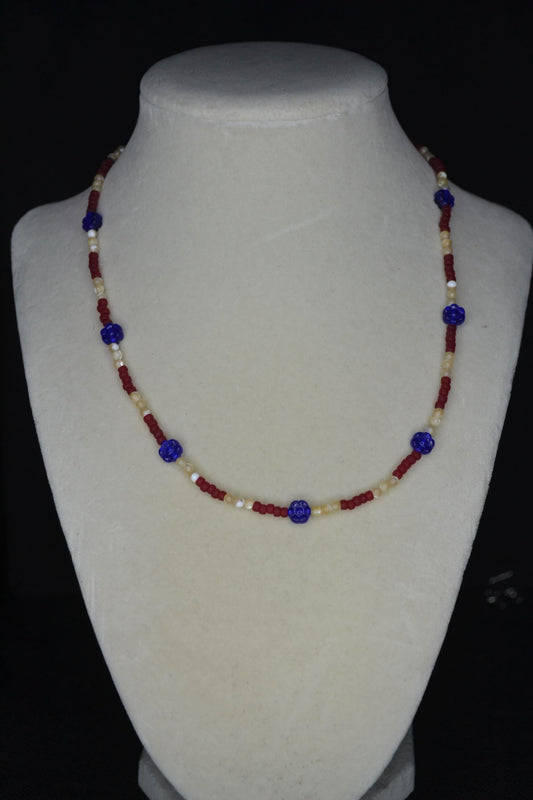 Multicolor glass bead necklace. Cobalt flowers, mother of pearl, and burgundy