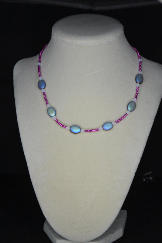 Multicolor glass bead necklace. Metallic pink, frosted grey, and milky white