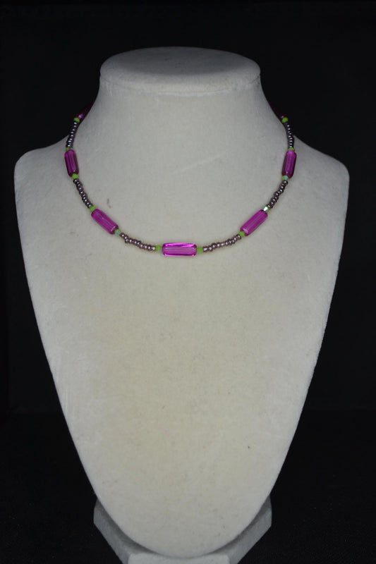 Multicolor glass bead choker. Fuchsia, lime, and amethyst