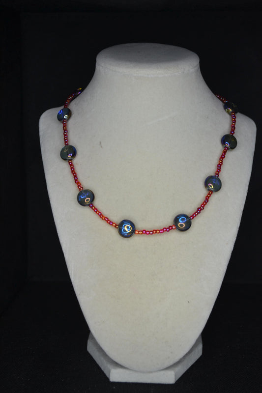 Multicolor glass bead necklace. Iridescent blue and raspberry