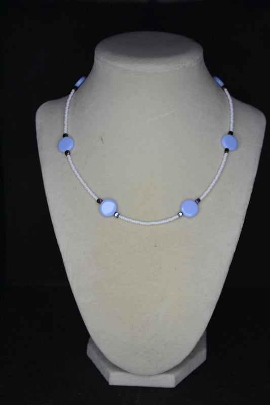 Multicolor glass bead necklace. Sky blue, metallic black, and white
