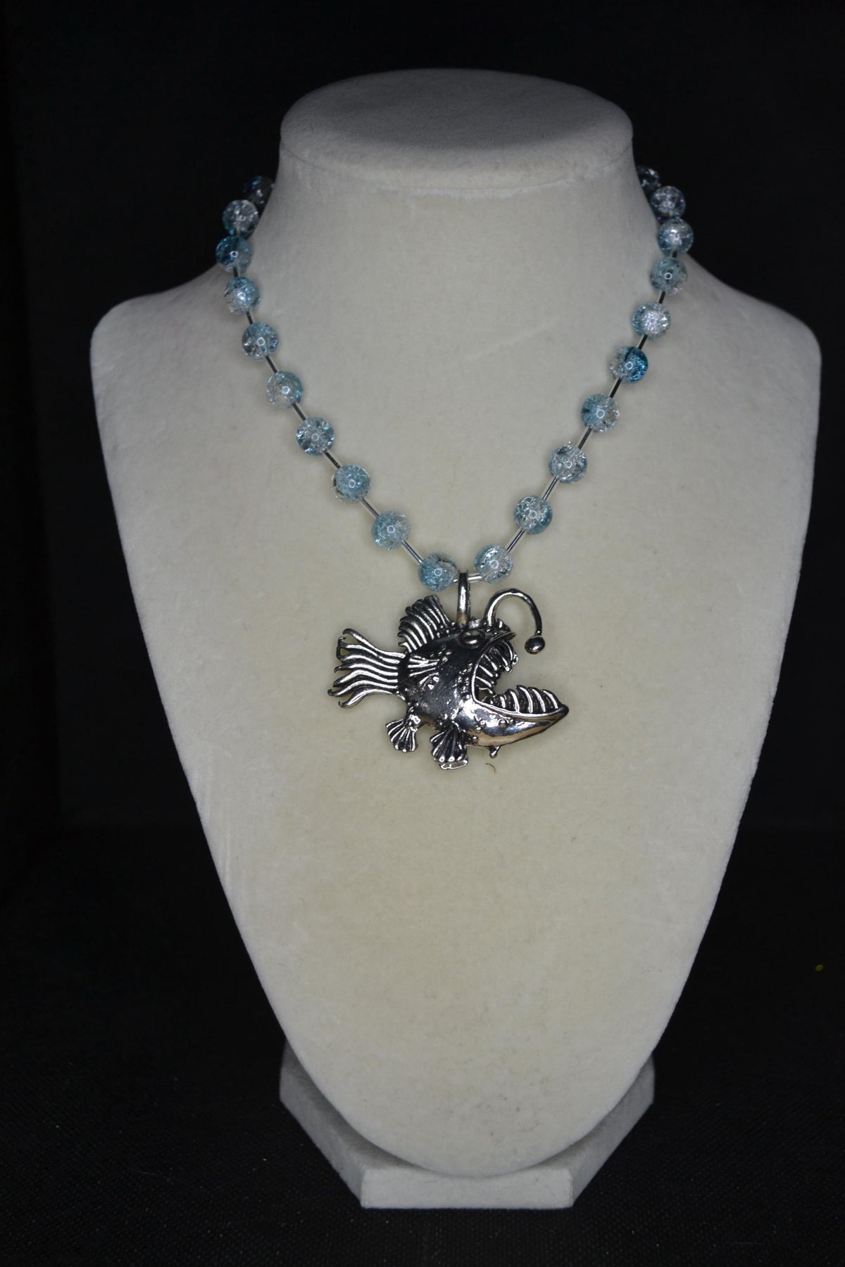 Silver anglerfish pendant glass bead choker. Crackled blue and silver