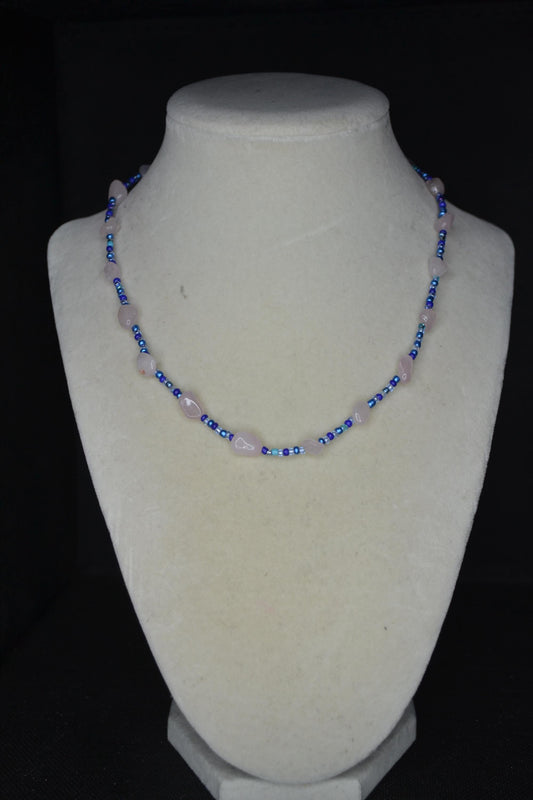 Multicolor glass bead necklace. Rose quartz and blues