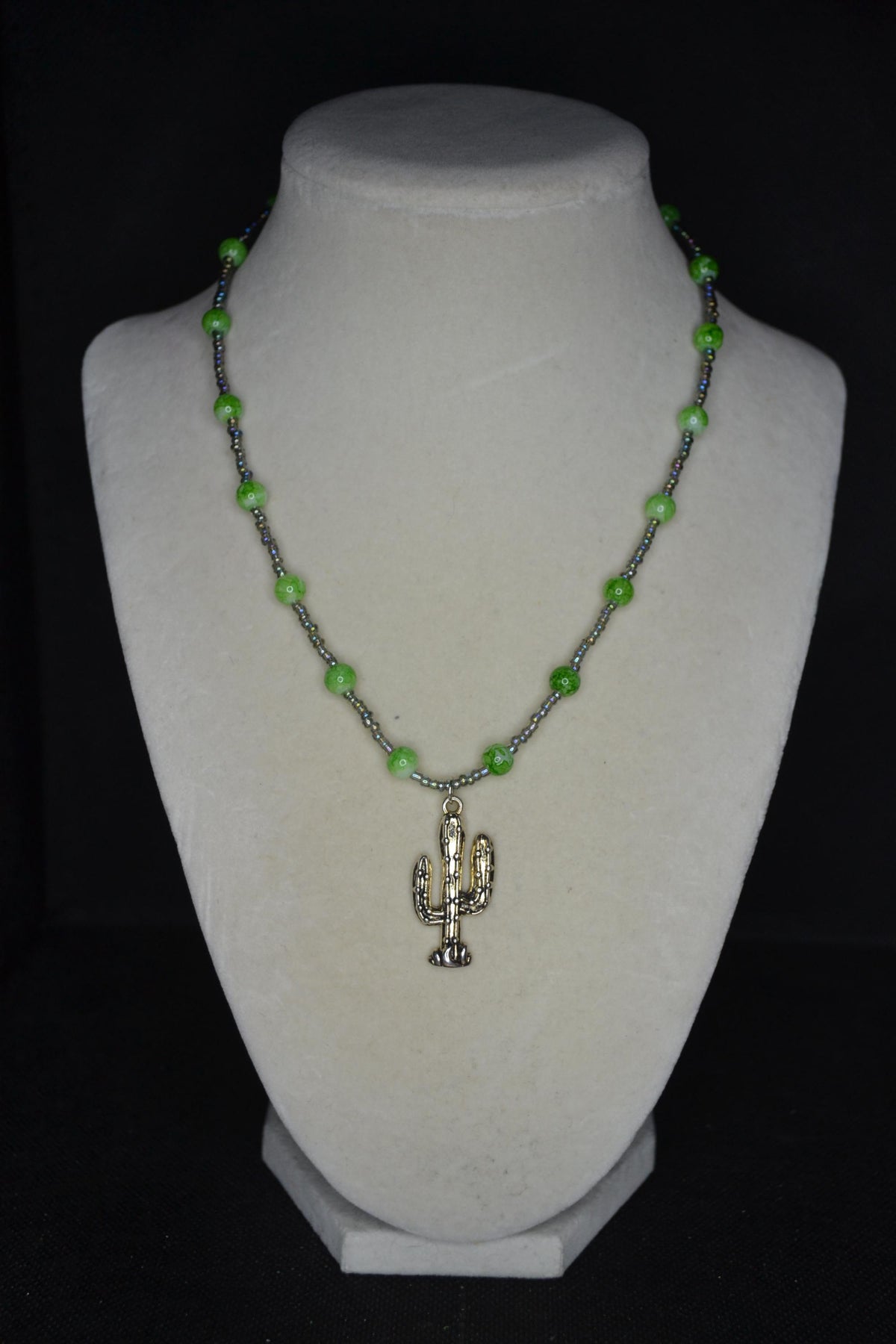 Silver Cactus pendant glass bead necklace. Marbled green & iridescent
