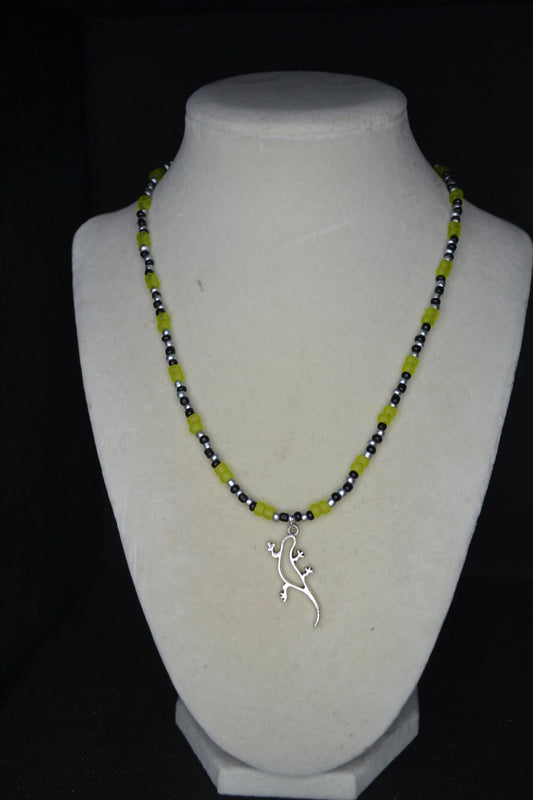Silver gecko pendant glass bead necklace. Black, silver, and frosted green