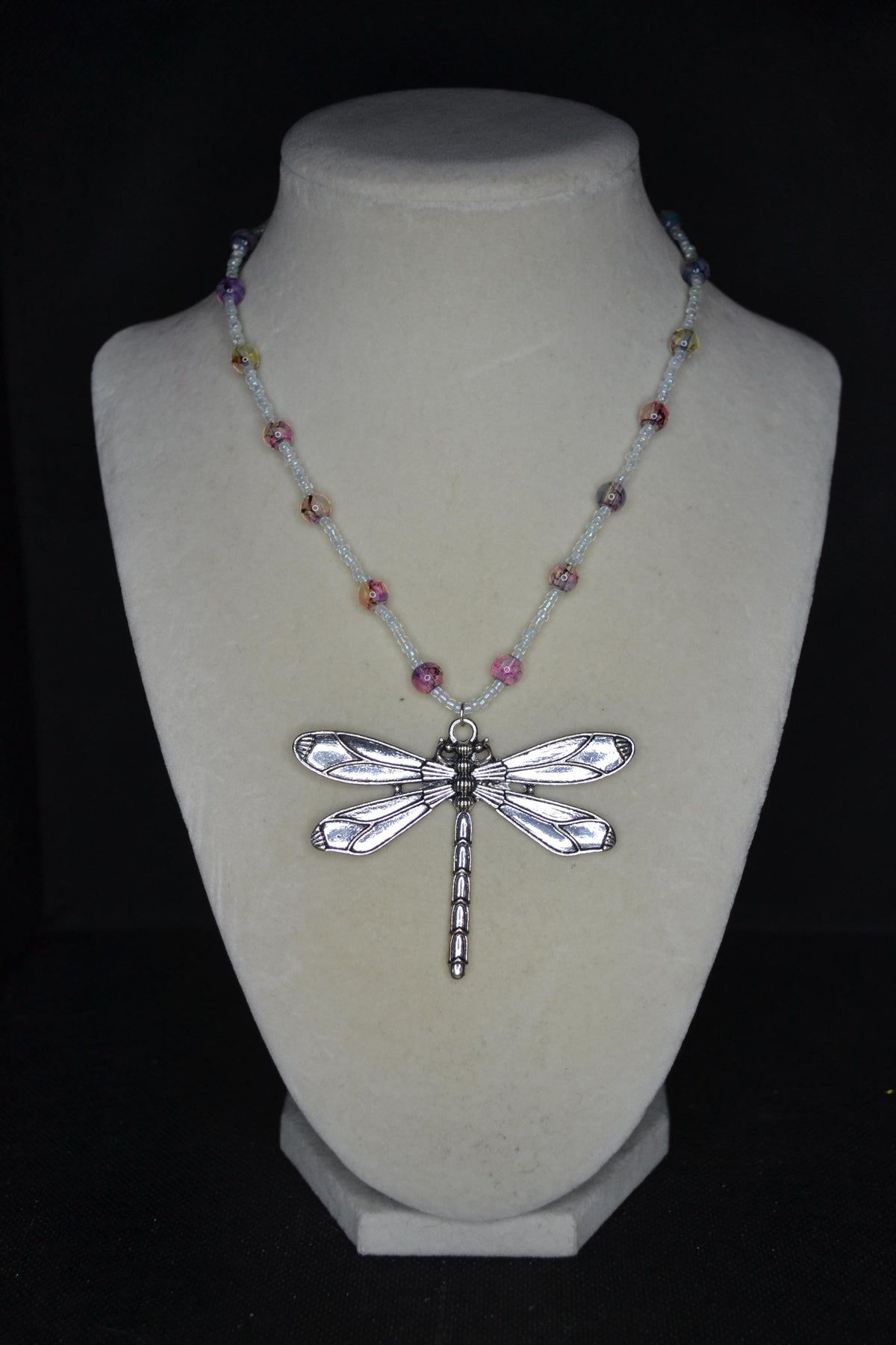 Silver Dragonfly pendant glass bead necklace. Marbled purple and crystal