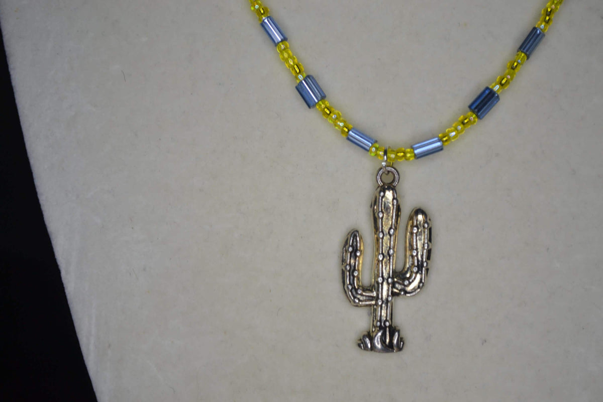 Silver Cactus pendant glass bead necklace. Yellow and blue