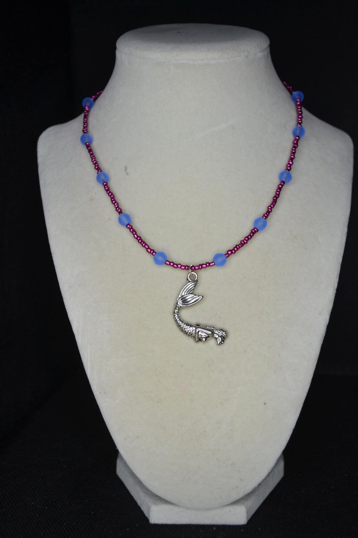 Silver mermaid pendant glass bead necklace. Sea blue & metallic raspberry