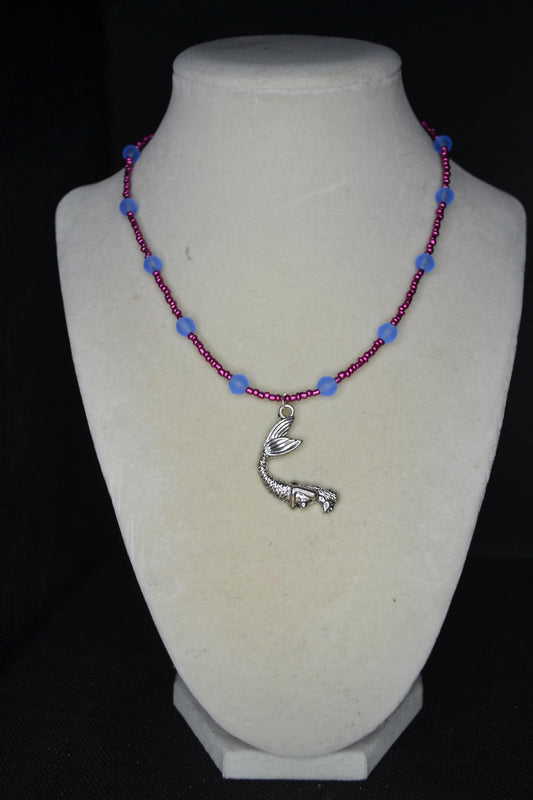 Silver mermaid pendant glass bead necklace. Sea blue & metallic raspberry