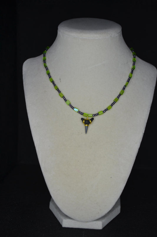 Wire wrapped sharks tooth beaded choker. Green and metallic black