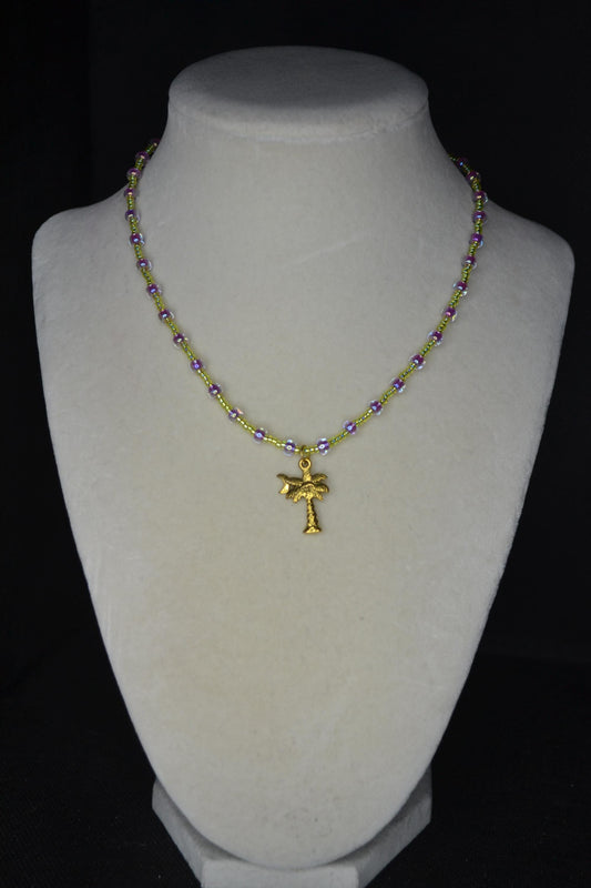 Gold Palm & Moon pendant glass bead choker. Green and pink