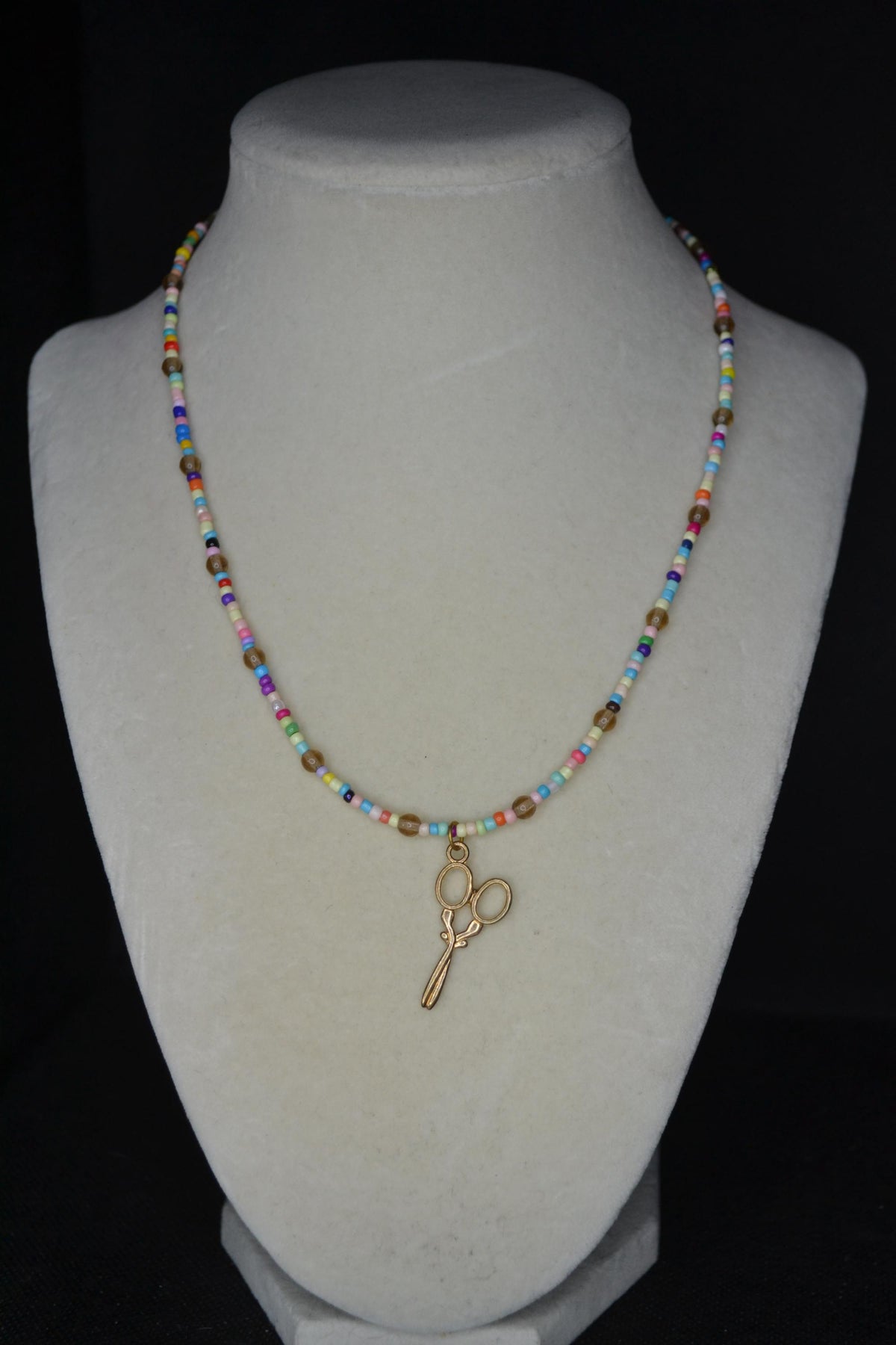 Gold Scissor pendant glass bead necklace. Rainbow and natural