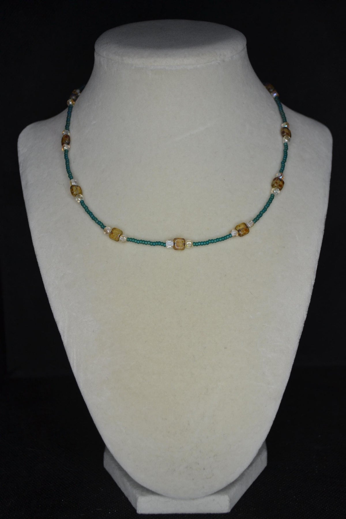 Multicolor glass bead choker. Brown tortoise, champagne, and teal