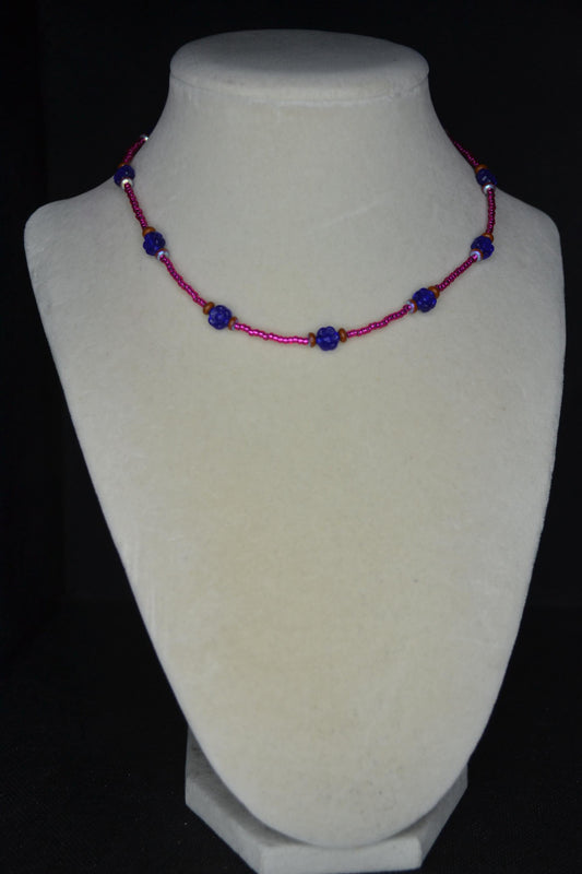 Multicolor glass bead choker. Cobalt flowers, metallic terracotta, and fuschia