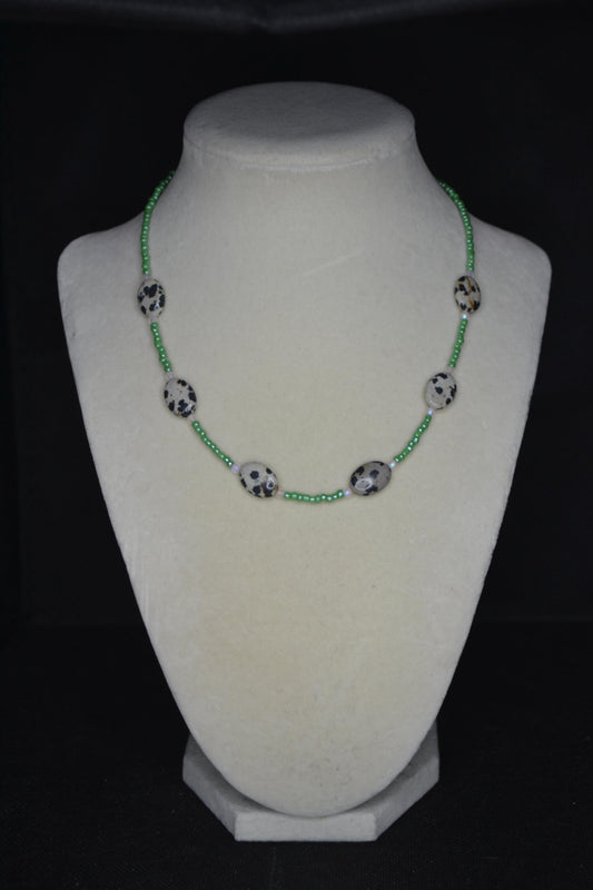 Multicolor glass bead choker. Dalmatian, green, and frosted pink