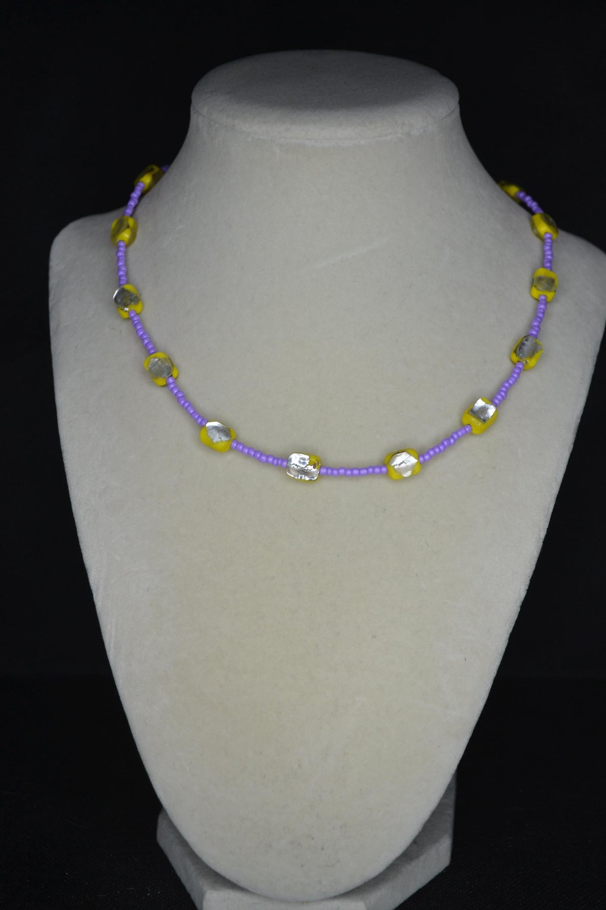 Multicolor glass bead choker. Lavender, yellow, and silver