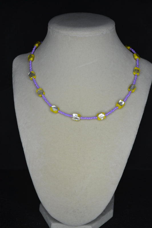 Multicolor glass bead choker. Lavender, yellow, and silver