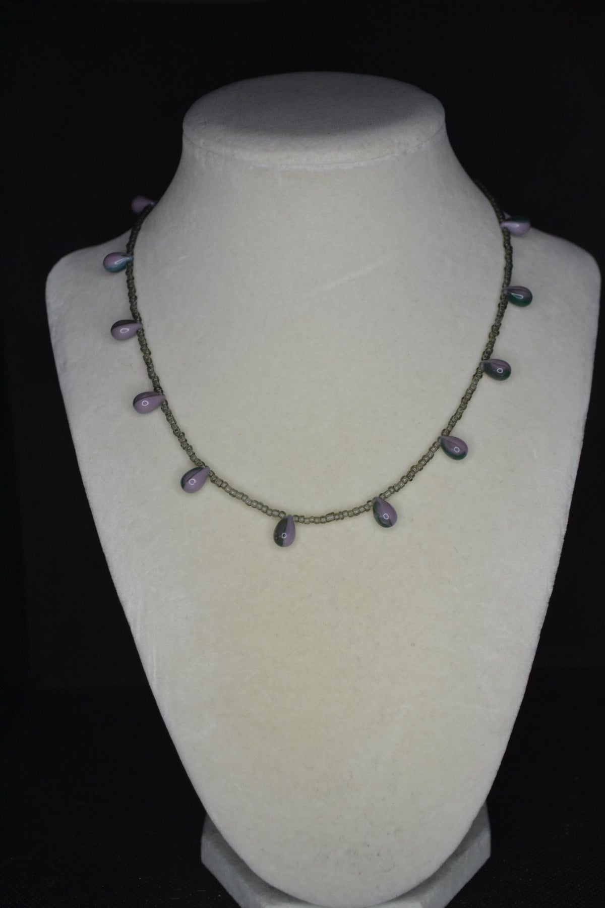 Multicolor glass bead necklace. Blue, purple, and grey