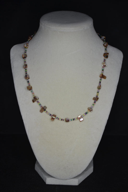 Multicolor glass bead necklace. Brown abalone and diluted rainbow