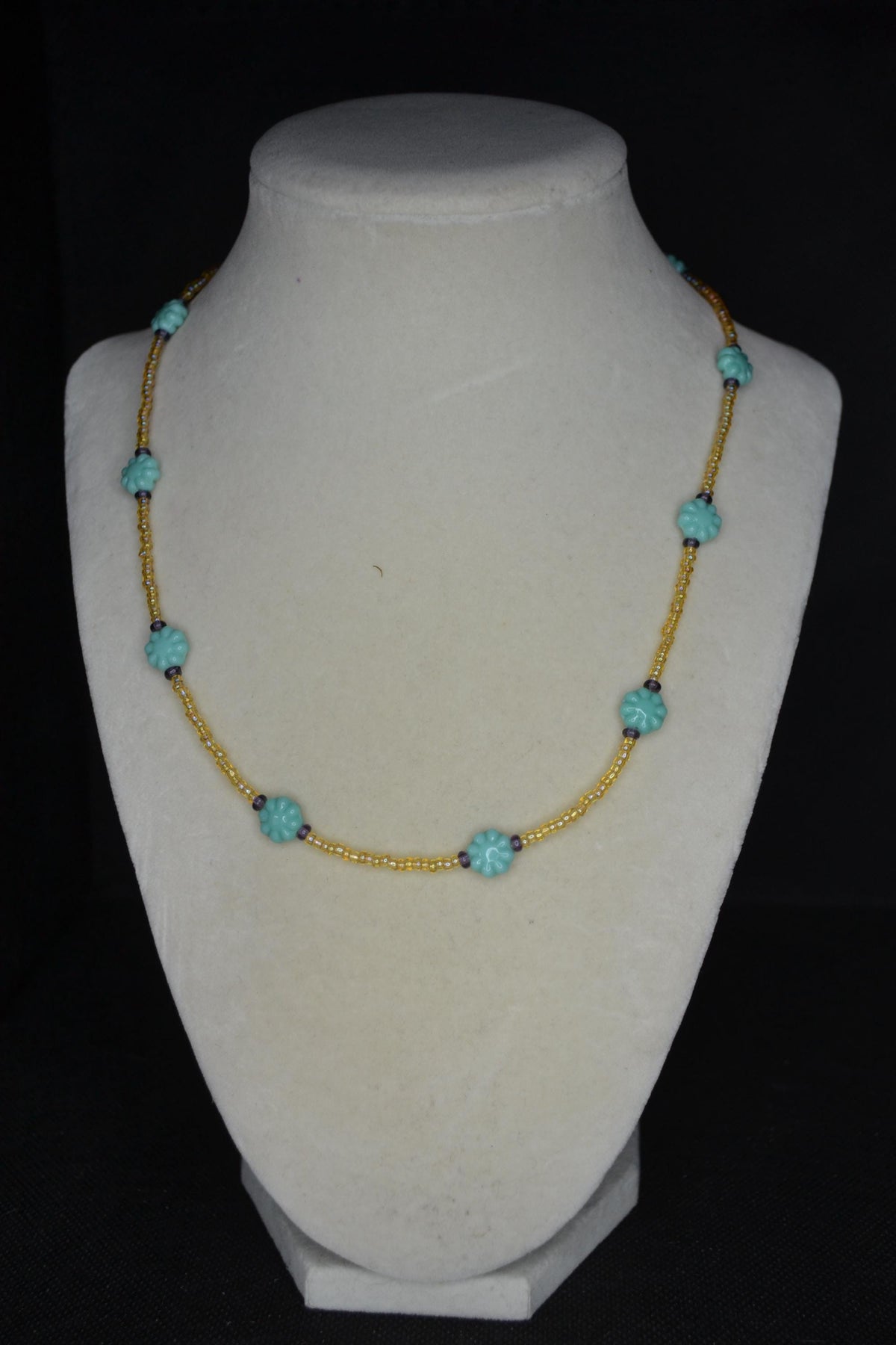 Multicolor glass bead necklace. Cactus flowers, amber, and amethyst