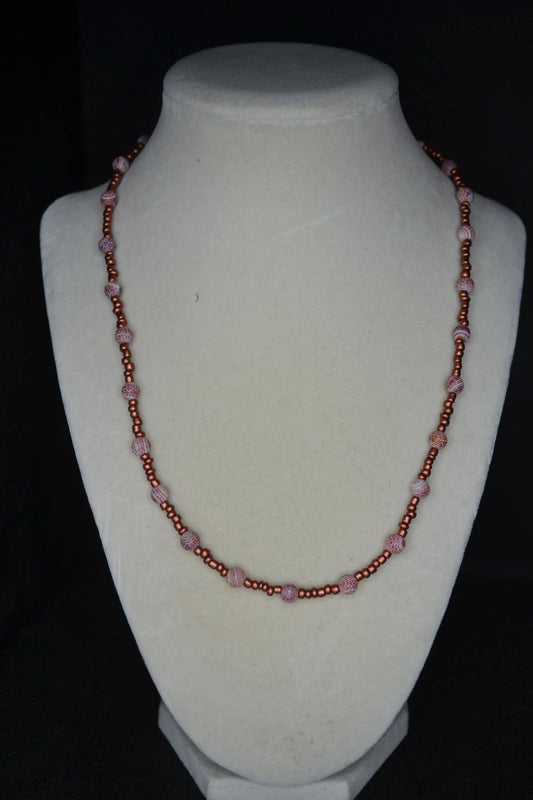 Multicolor glass bead necklace. Copper and crackled red