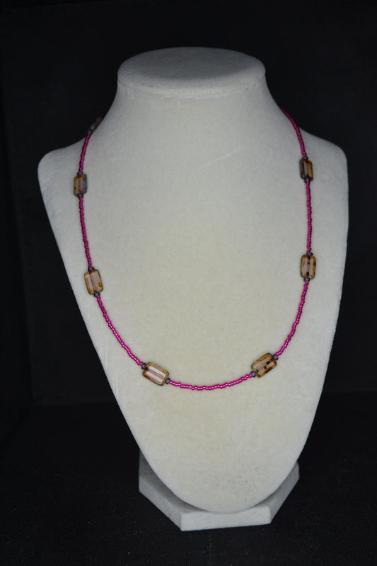 Multicolor glass bead necklace. Fuschia, amethyst, and square Picasso