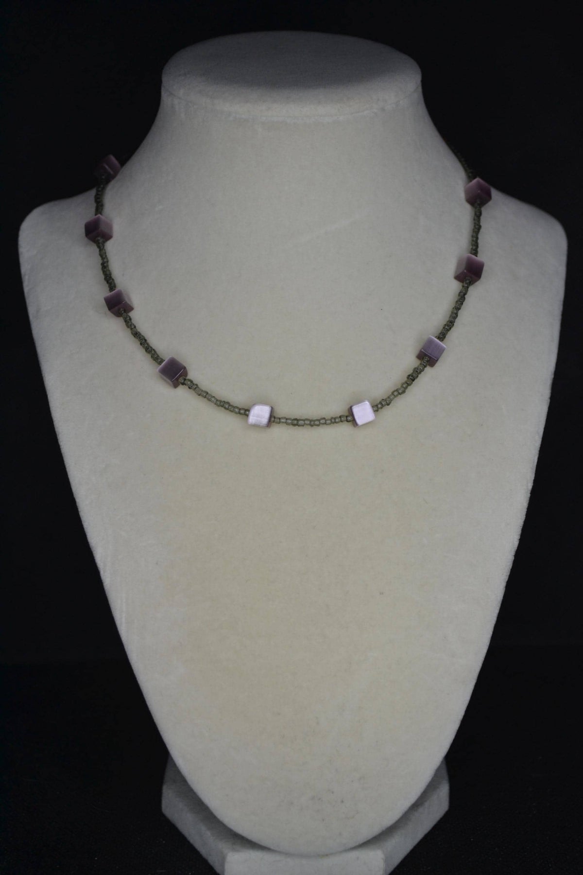 Multicolor glass bead necklace. Purple cat eye and grey