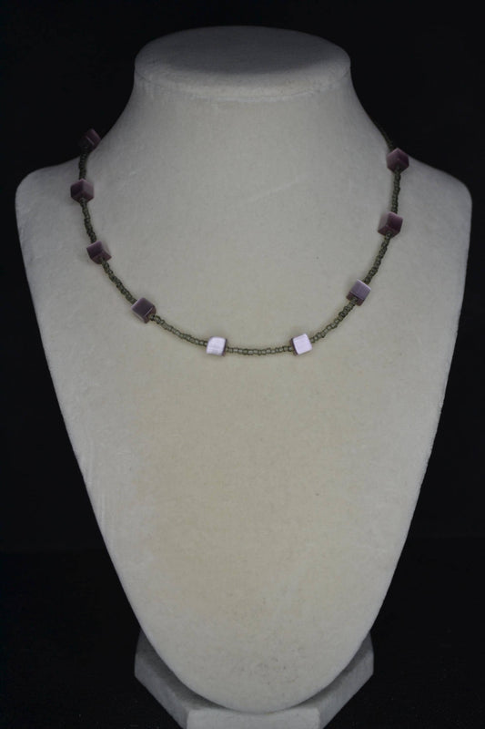 Multicolor glass bead necklace. Purple cat eye and grey