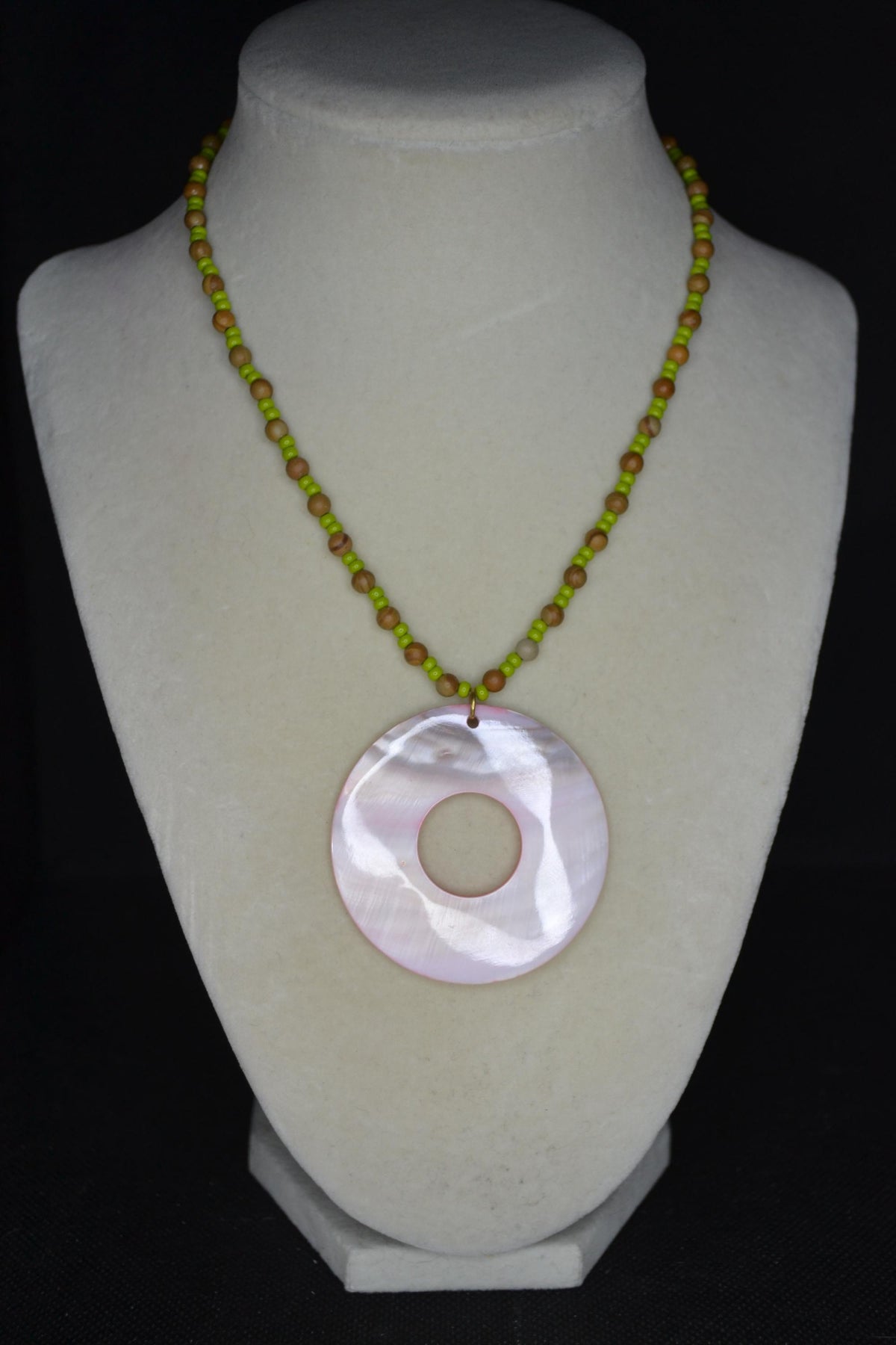 Pink Abalone Mother of Pearl pendant glass bead necklace. Green and wood