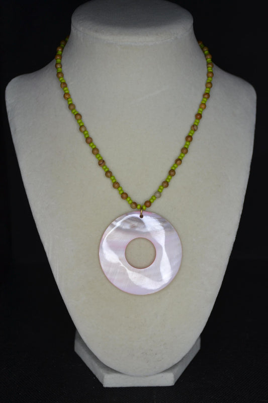 Pink Abalone Mother of Pearl pendant glass bead necklace. Green and wood