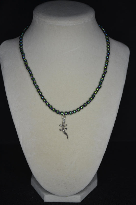 Silver Alligator gecko pendant glass bead necklace. Grape and green