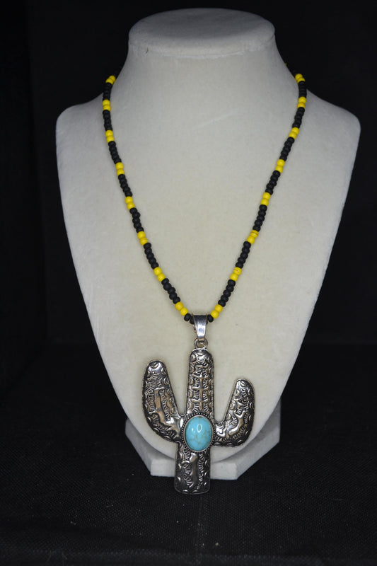 Silver and turquoise cactus pendant glass bead necklace. Black and yellow