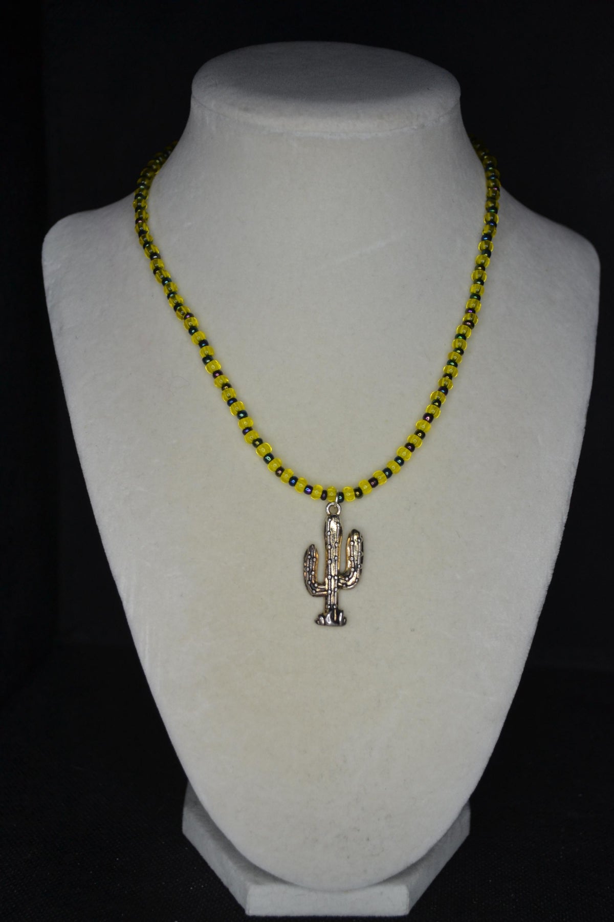 Silver Cactus pendant glass bead choker. Yellow and metallic black
