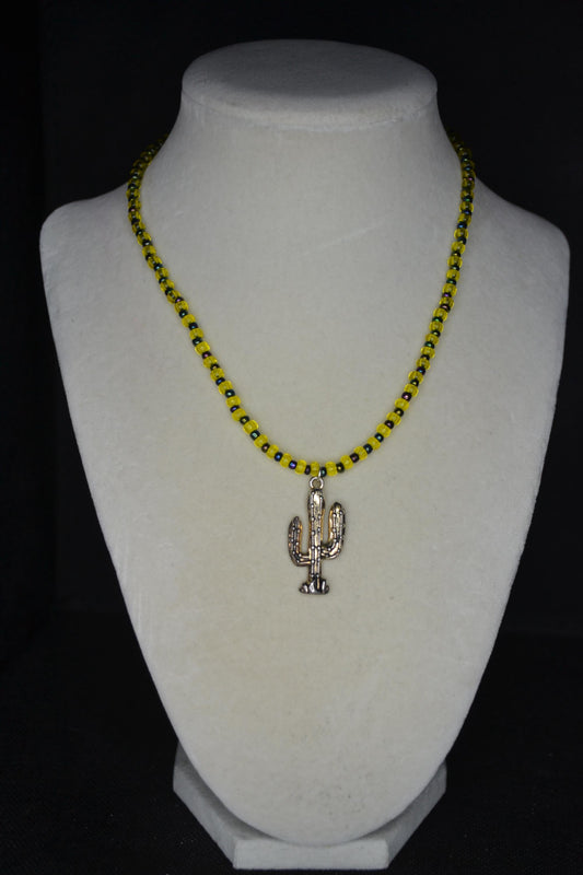 Silver Cactus pendant glass bead choker. Yellow and metallic black