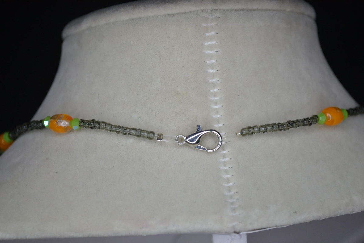Multicolor glass bead necklace. Tangerine, lime, and grey