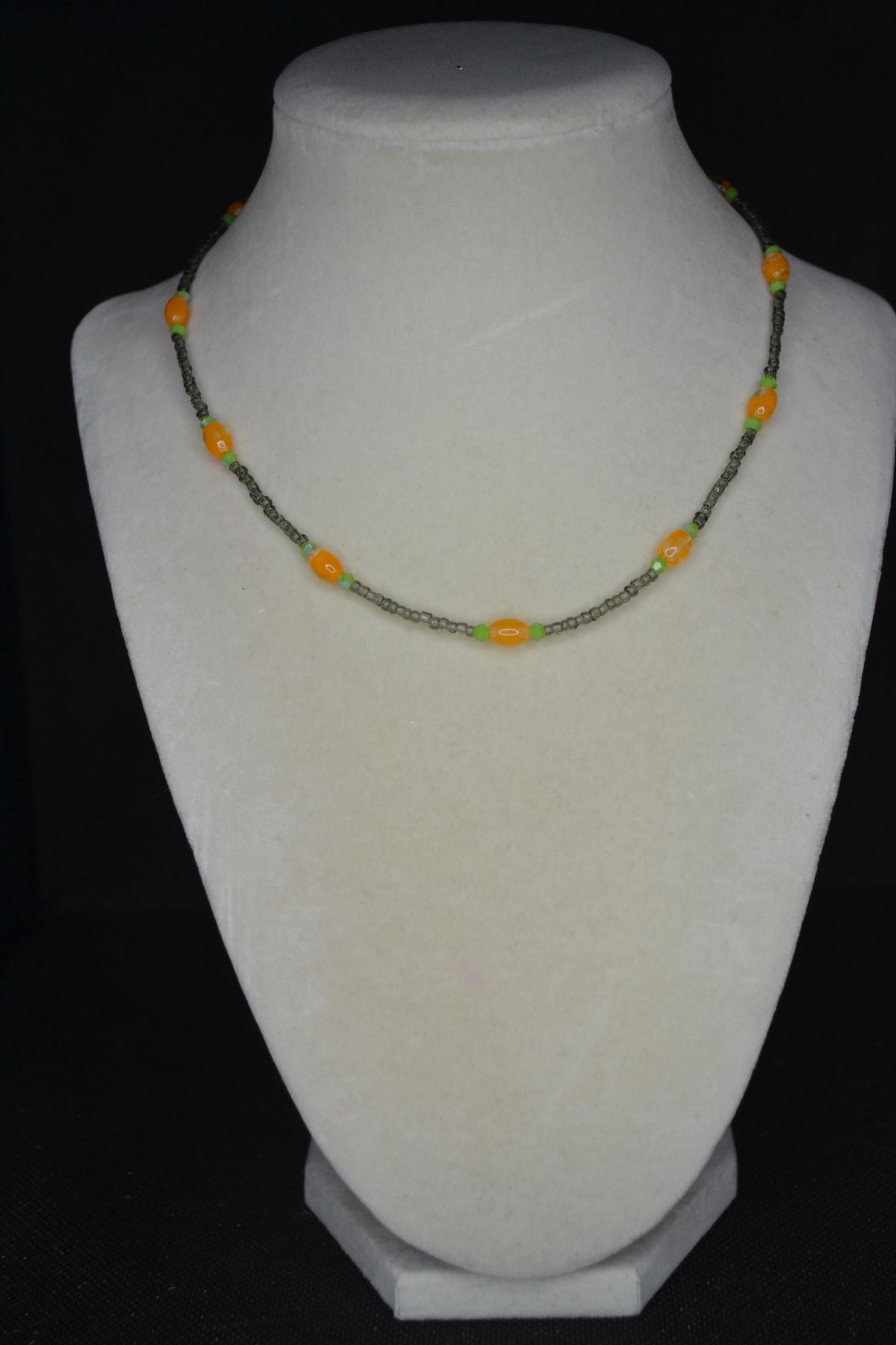 Multicolor glass bead necklace. Tangerine, lime, and grey