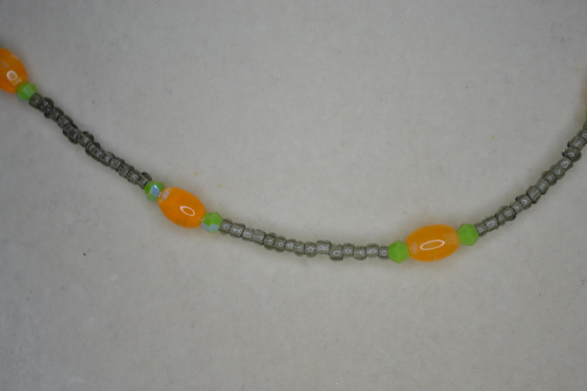 Multicolor glass bead necklace. Tangerine, lime, and grey