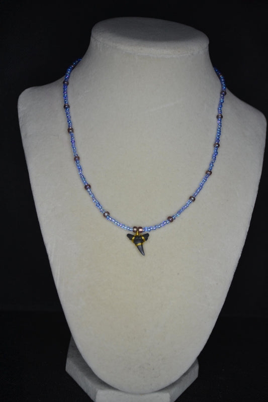Wire wrapped sharks tooth beaded necklace. Blue and amethyst