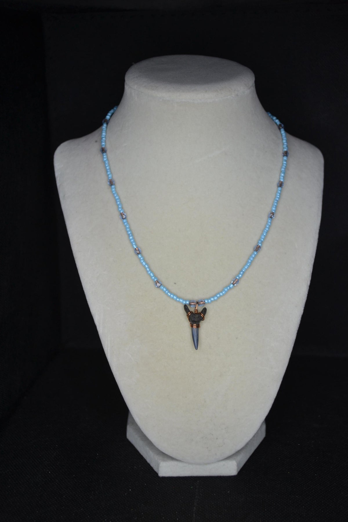 Wire wrapped sharks tooth beaded necklace. Silver and blue